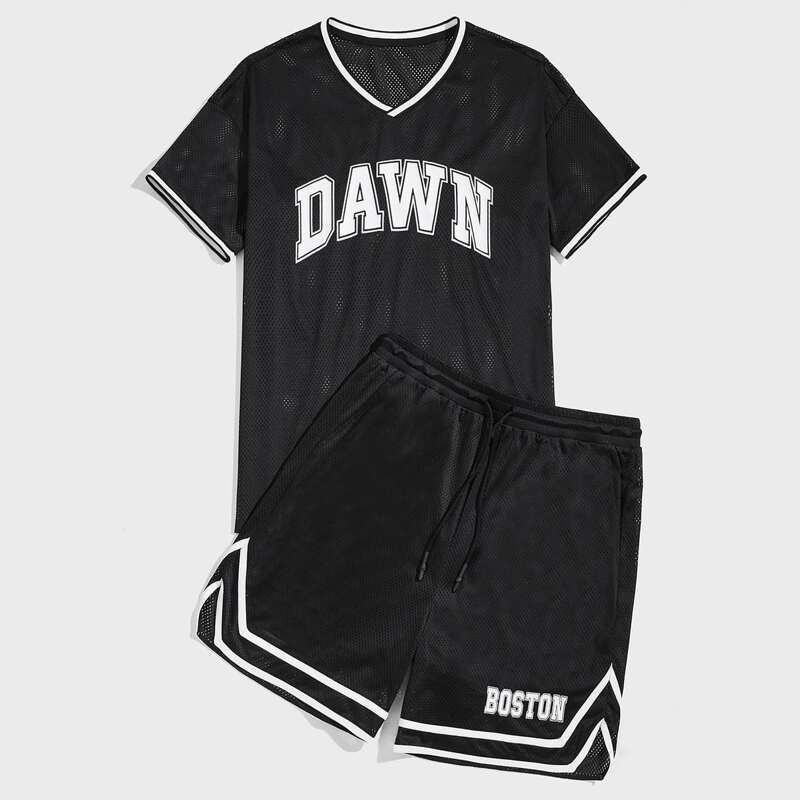

Guys Letter Graphic Contrast Trim Mesh Tee & Shorts, Black