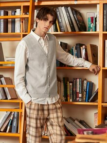 Manfinity Men Ribbed Knit Button Front Sweater Vest Without Shirt - Light Grey - View 6