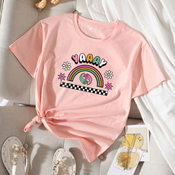 

Rainbow & Letter Print Round Neck Tee, Pink