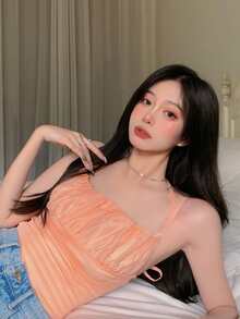 솔리드 앞가슴 셔링 캐미탑 - 산호 오렌지 - 보기 4