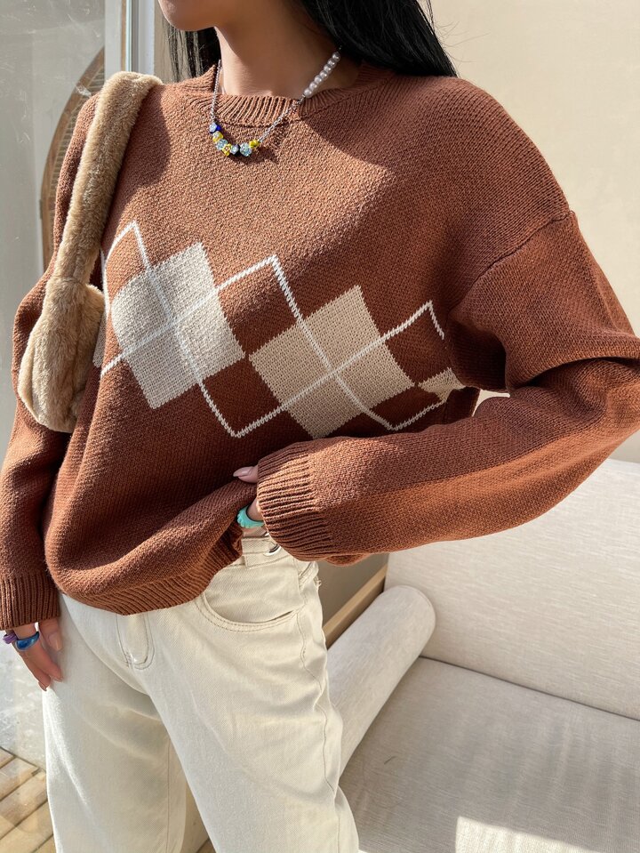 Brown Argyle Sweater Shein SHEIN EZwear V Neck Argyle Pattern