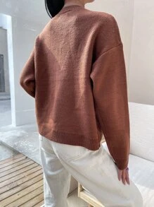 SHEIN Unity 撞色菱形印花落肩袖套頭毛衣 - 棕色 - 查看 2