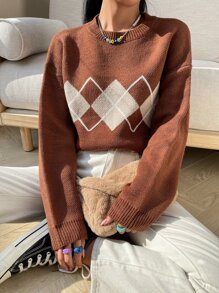 SHEIN Unity 撞色菱形印花落肩袖套頭毛衣 - 棕色 - 查看 3