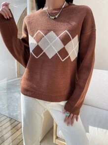 SHEIN Unity 撞色菱形印花落肩袖套頭毛衣 - 棕色 - 查看 4