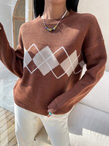 SHEIN Unity 撞色菱形印花落肩袖套頭毛衣 - 棕色 - 查看 6