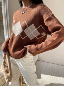 SHEIN Unity 撞色菱形印花落肩袖套頭毛衣 - 棕色 - 查看 7