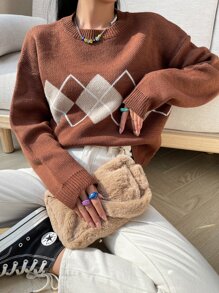 SHEIN Unity 撞色菱形印花落肩袖套頭毛衣 - 棕色 - 查看 8