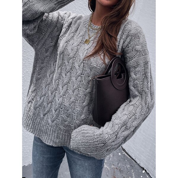 

Solid Drop Shoulder Cable Knit Sweater, Grey