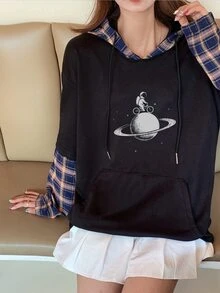 Contrast Plaid Drop Shoulder Astronaut Cartoon Hoodie - Black - View 1