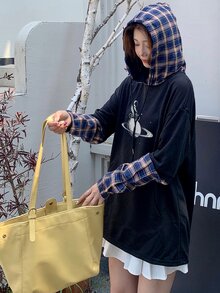 Contrast Plaid Drop Shoulder Astronaut Cartoon Hoodie - Black - View 4