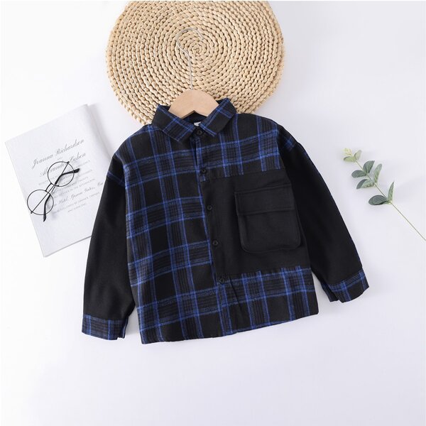 

Boys Tartan Panel Flap Pocket Shirt, Navy blue