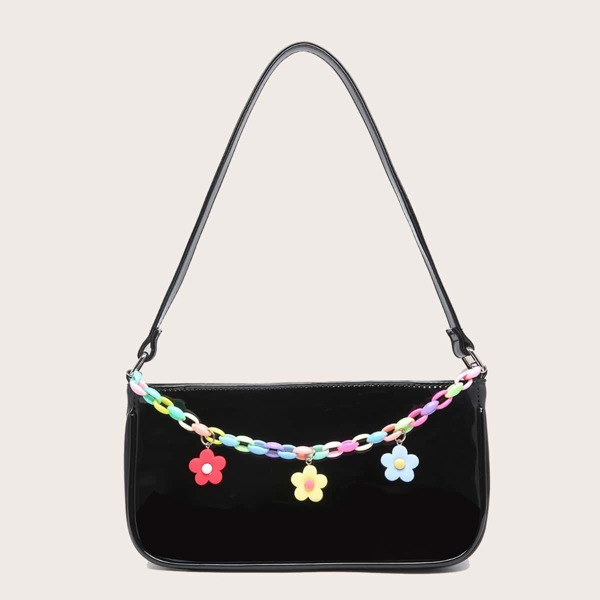 

Floral Chain Decor Baguette Bag, Black