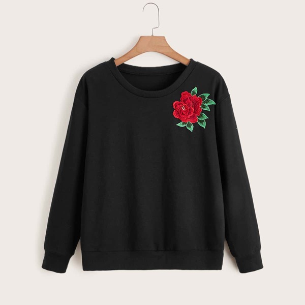 

Plus Floral Embroidery Drop Shoulder Sweatshirt, Black