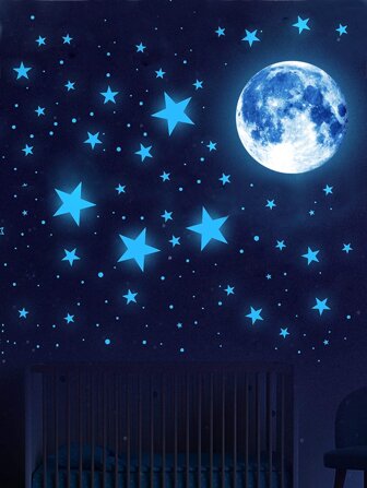 Star & Moon Print Wall Sticker, Glow In The Dark Blue Galaxy Wall Decal, For Kids Bedroom Decor