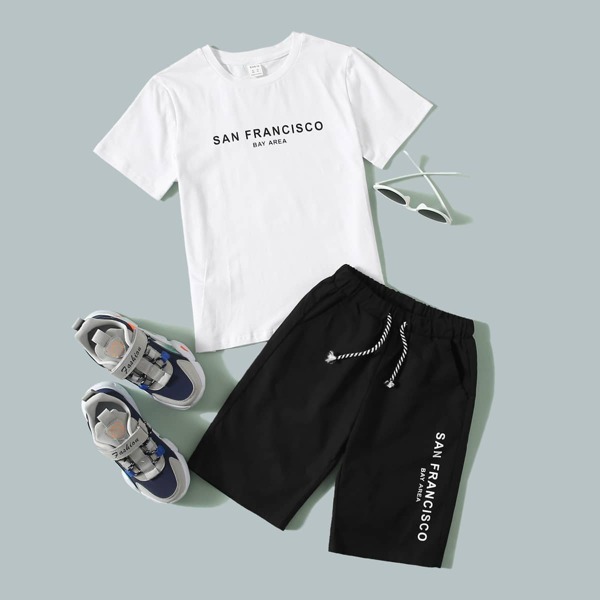 

Boys Letter Graphic Top & Knot Waist Shorts Set, Black and white