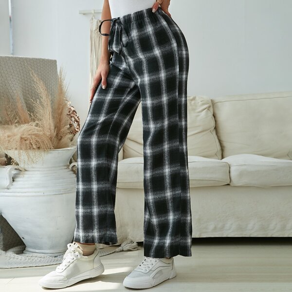 

Plaid Print Wide Leg Pants, Black and white