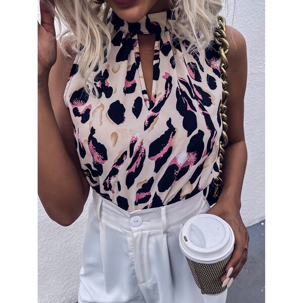 

Leopard Print Keyhole Neckline Bodysuit, Multicolor