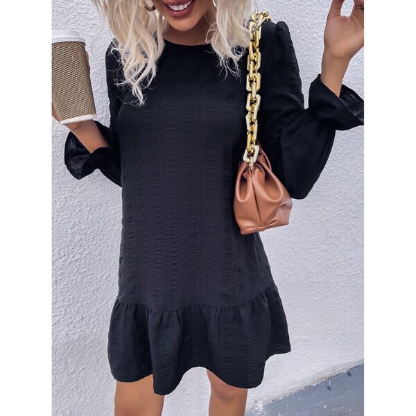 

Keyhole Back Flounce Sleeve Ruffle Hem Dress, Black