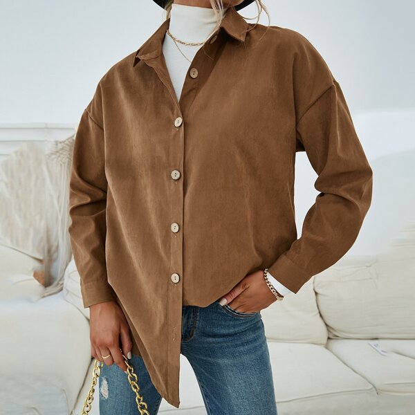 

Drop Shoulder Button Up Blouse, Brown