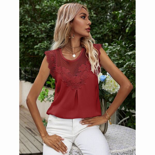 

Contrast Lace Yoke Sleeveless Blouse, Dusty pink