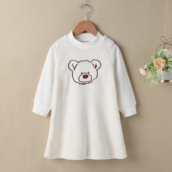 

Toddler Girls Bear Embroidered 2 In 1 Flannel Dress, White