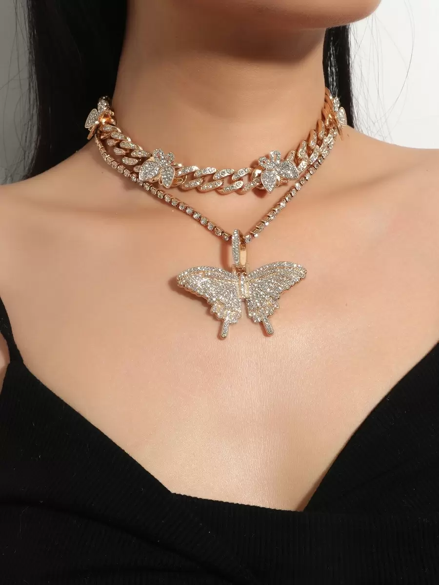 2pcs/Set Women's Rhinestone Butterfly Necklace Set, Suitable For Daily Wear As Decorative Necklaces - Yellow Gold - View 1