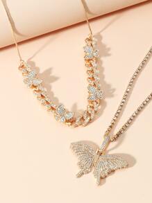 2pcs/Set Women's Rhinestone Butterfly Necklace Set, Suitable For Daily Wear As Decorative Necklaces - Yellow Gold - View 3