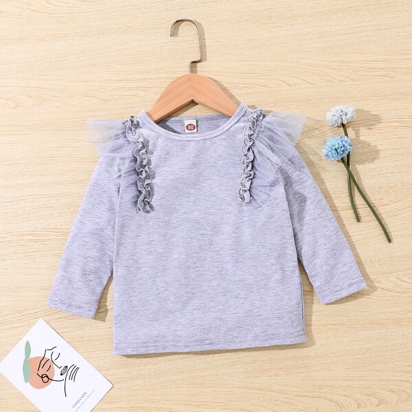 

Baby Contrast Mesh Frill Trim Tee, Grey