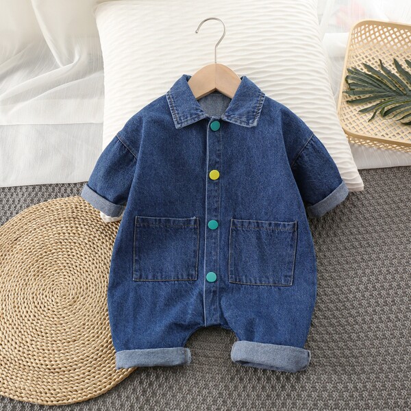 

Baby Patched Pocket Button Front Denim Jumpsuit, Dark wash
