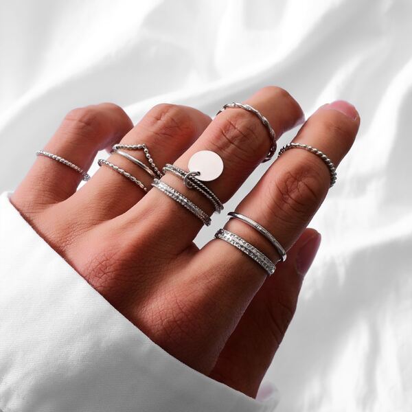 

9pcs Round Disc Decor Ring, Silver