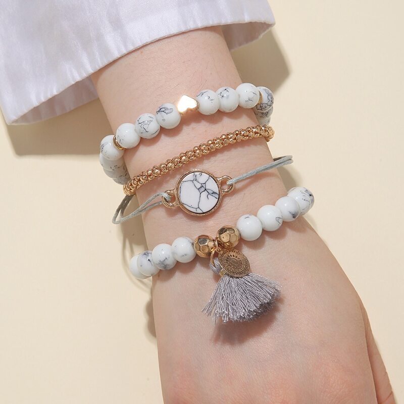 

4pcs Tassel Charm Beaded Bracelet, Silver