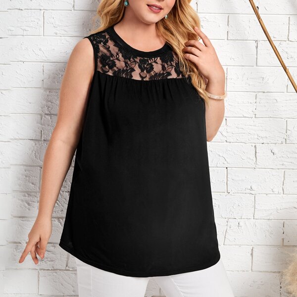 

Plus Contrast Lace Tank Top, Black