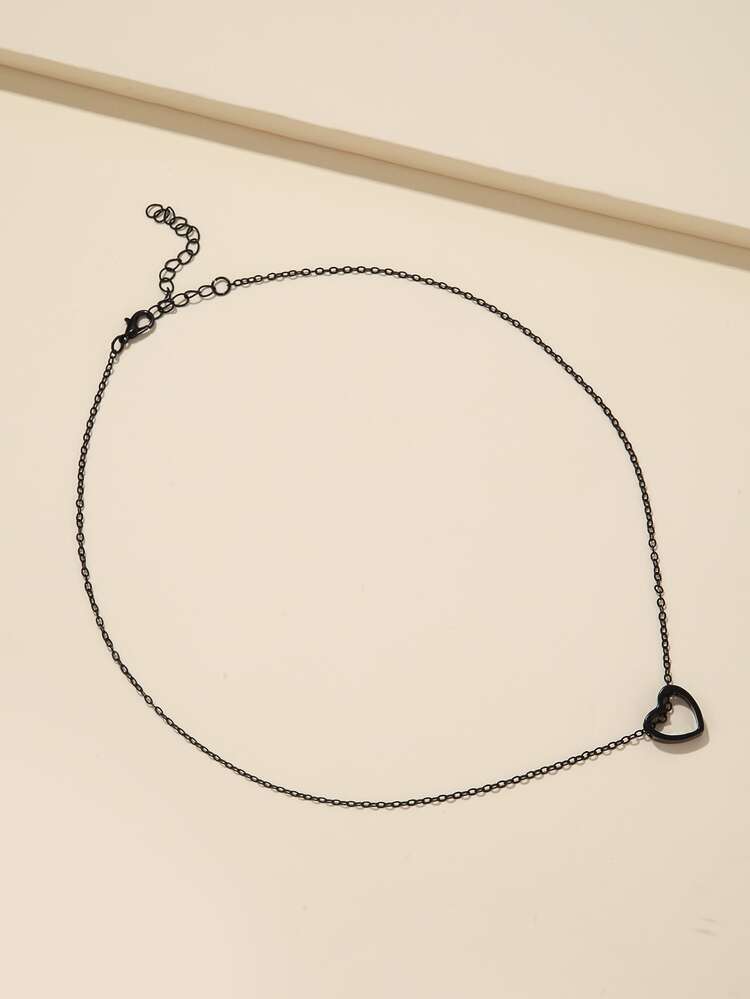 Hollow Out Heart Charm Necklace - Black - View 3