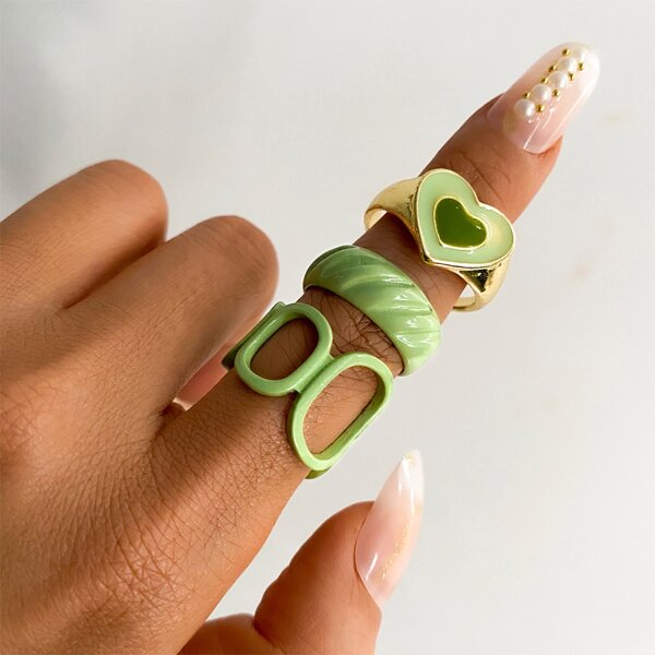 

3pcs Heart Decor Ring, Green