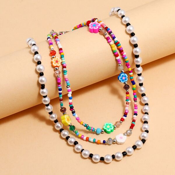 

2pcs Flower Beaded Necklace, Multicolor