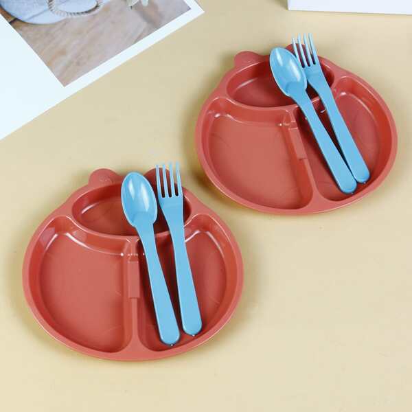 

2pcs Animal Shaped Plate & 4pcs Cutlery, Multicolor