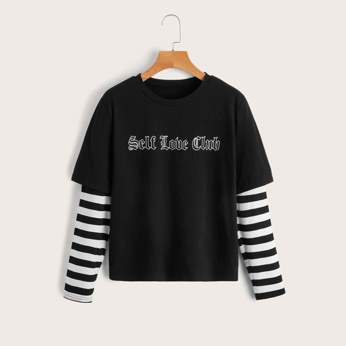 

2 In 1 Striped Letter Print Tee, Black and white