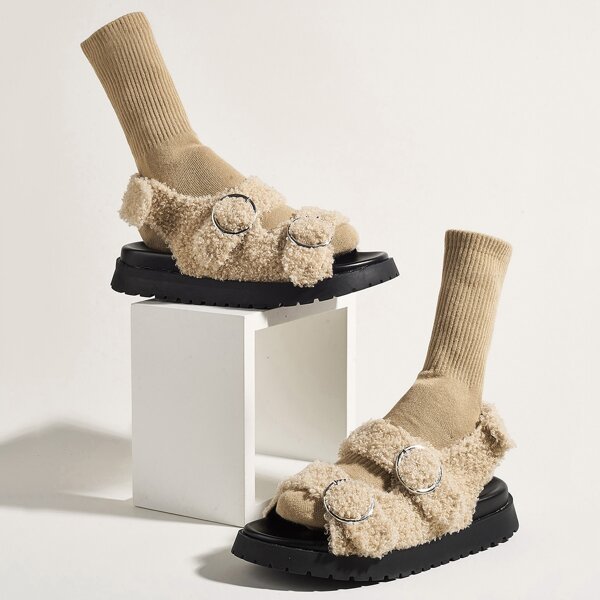 

Fluffy Buckle Detail Flatform Footbed Sandals, Beige