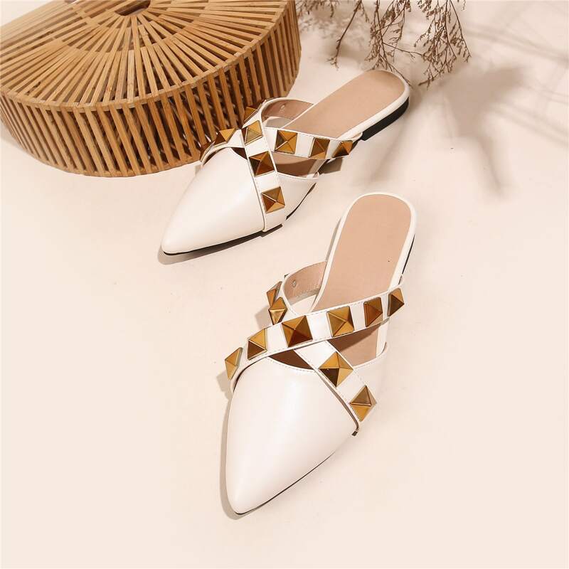 

Studded Decor Point Toe Flat Mules, White