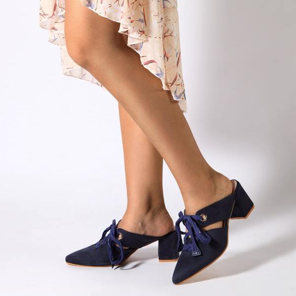 

Suede Lace-up Front Chunky Heeled Mules, Blue
