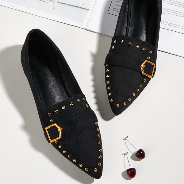 

Suede Buckle Detail Studded Decor Ballet Flats, Black
