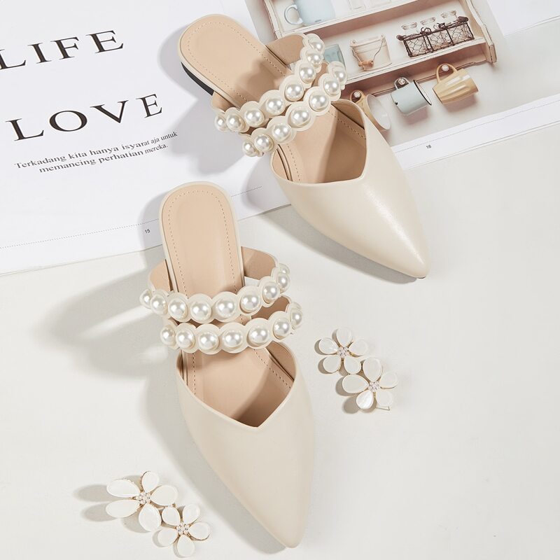 

Faux Pearl Decor Point Toe Flat Mules, Beige