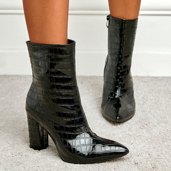

Croc Embossed Chunky Heeled Boots, Black