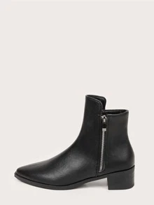 Minimalist Chunky Heeled Ankle Boots - Black - View 2
