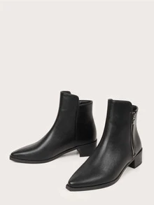 Minimalist Chunky Heeled Ankle Boots - Black - View 4