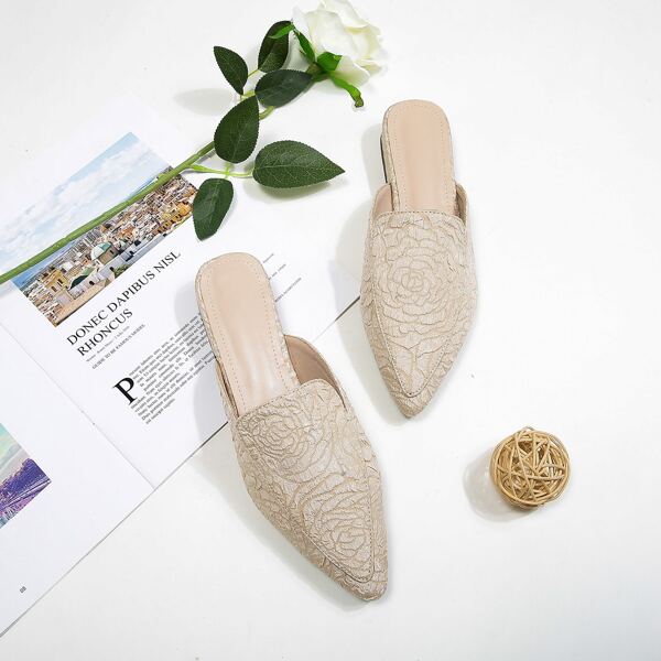 

Floral Graphic Point Toe Mules, Beige