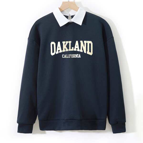 

Letter Graphic Contrast Collar 2 In 1 Pullover, Navy blue