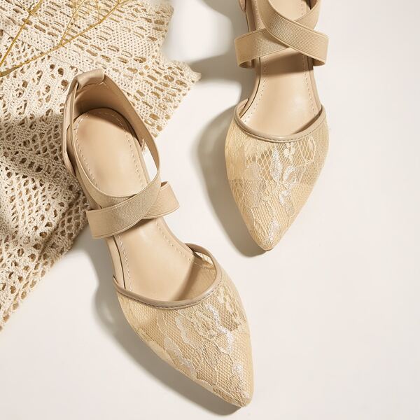 

Mesh Panel Point Toe Ballet Flats, Beige