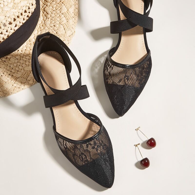 

Mesh Panel Point Toe Ballet Flats, Black