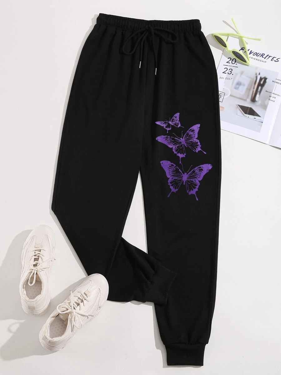 SHEIN Unity Pantalones deportivos con estampado de mariposa de cintura con cordón - Negro - Ver 1